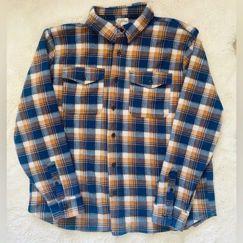 J Crew Men's Seaboard Flannel Shirt Shacket Blue, Brown, & White Plaid Size: XL